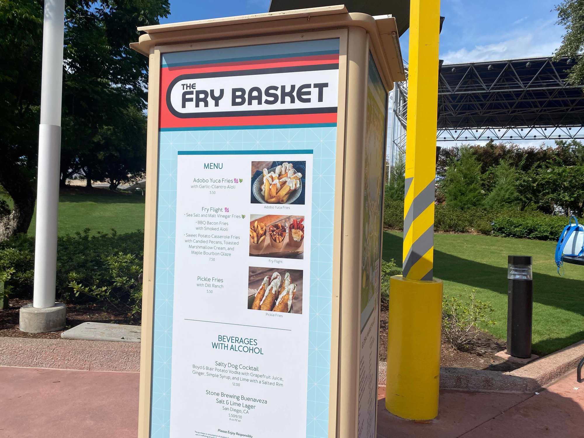 fry basket menu with black rounded text and red and blue background